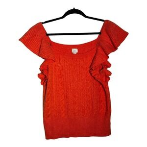 A New Day Womens Size L Orange Ruffle Flutter Sleeve Cable Knit Square Neck Top